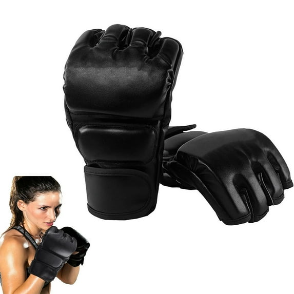 1Pair Boxing Gloves Men, Professional Shockproof Leather Sparring Training Gloves Half Finger Adjustable Wrist Band Absorb for Beginner Punching Bag Fighting Muay Thai Workout(Black)