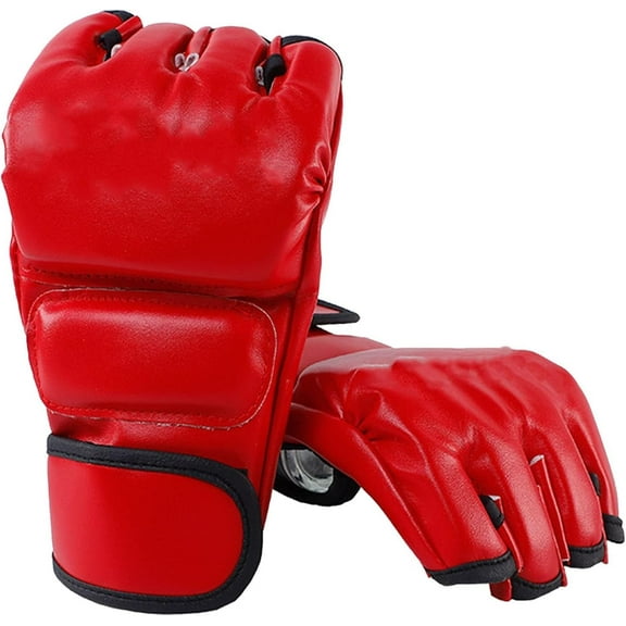 1Pair Boxing Gloves, Professional Shockproof Leather Sparring Training Gloves Half Finger Adjustable Wrist Band Absorb for Beginner Punching Bag Fighting Muay Thai Workout(Red)