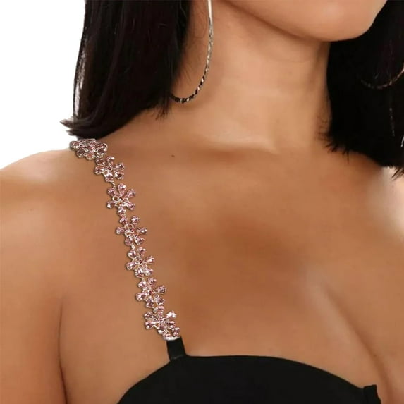 1Pair Bra Straps, Adjustable Thin Rhinestone Strap Bra, Sparkly Crystal Invisible Shoulder Belt for Bra, Protect Your off Shoulder Clothes from Slipping off, Flower-silver