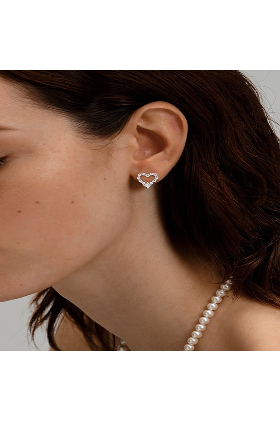 1Pair Brass Rhinestone Stud Earrings Heart Platinum 9x10mm for DIY