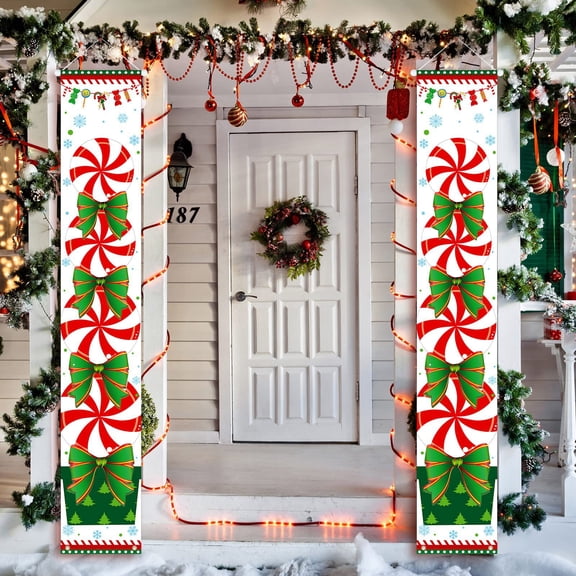 1Pair Christmas Peppermint Candy Porch Sign,Lighted Up Candy Door Banner Home Hanging Decor, LED Door Red White Green Banner Wall Hanging for Christmas Party Supplies