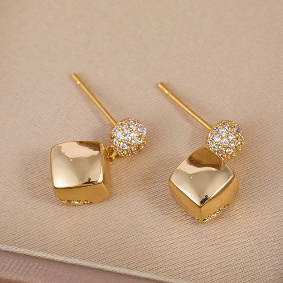 1Pair Elegant Brass Pave Clear Cubic Zirconia Stud Earrings Square Golden 17.6x10.2mm DIY