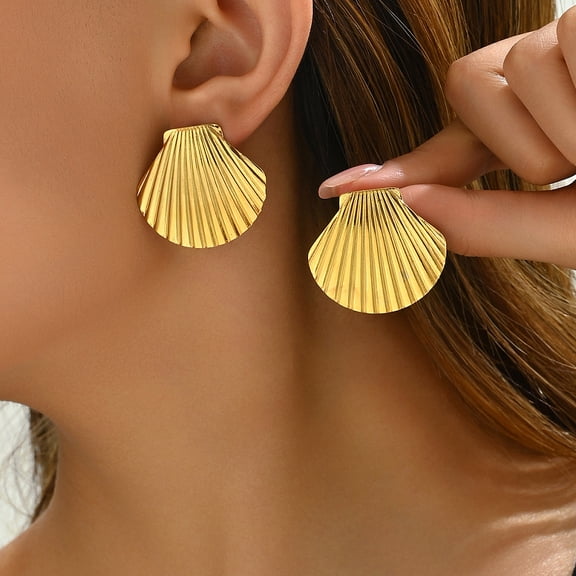 1Pair Elegant Stainless Steel Shell Shape Stud Earrings Golden 33x29mm