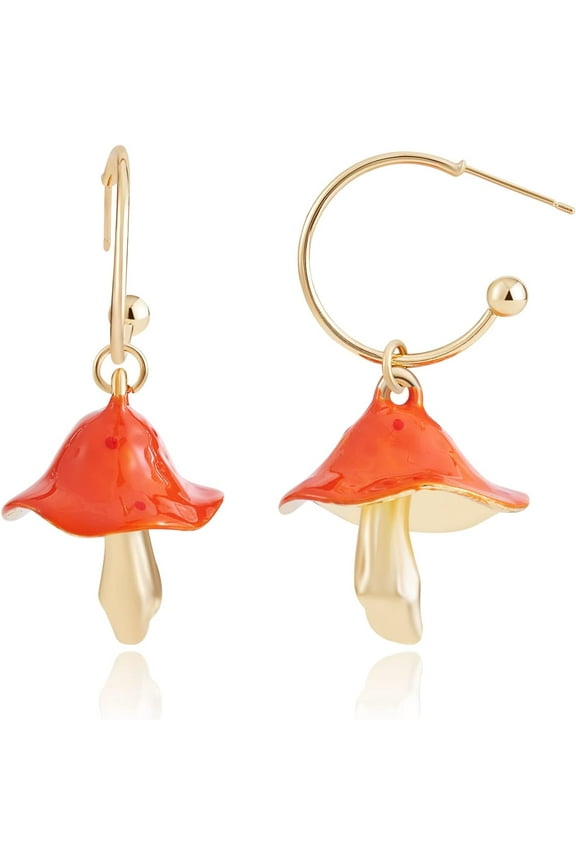 1Pair Enamel Mushroom Dangle Stud Earrings Gold Plated Alloy Half Hoop Earrings for Women Orange 47x24.5mm Pin: 0.7mm