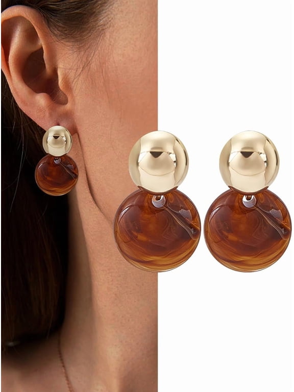 1Pair Flat Round Stud Earrings Zinc Alloy Earrings with Acrylic Hanging Earring Wedding Party Prom Earring Everyday Illusion Jewelry for Women Wedding Birthday Party Gifts 28.5x15mm Brown DIY