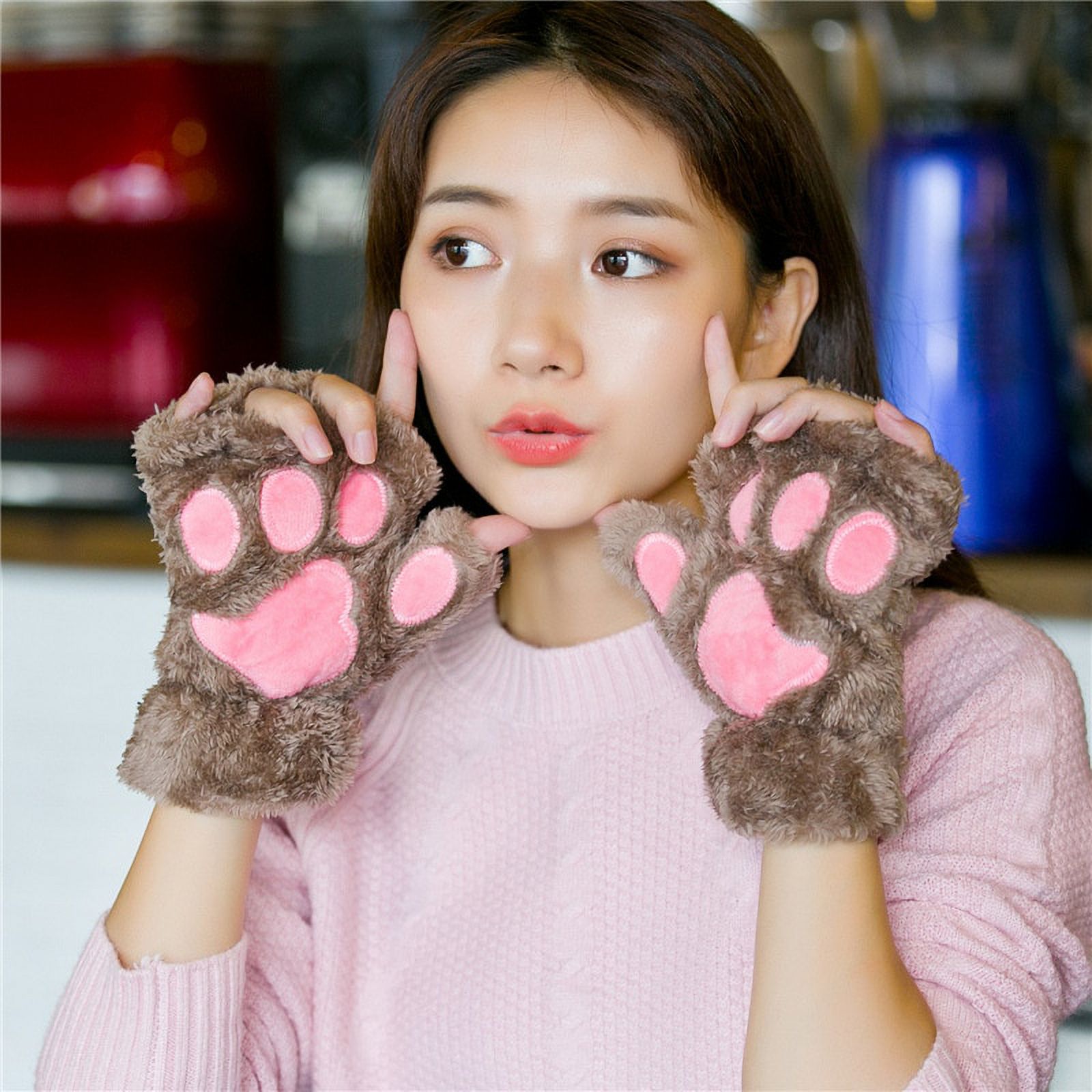 1Pair Girl Lovely Bear Plush Cat Paw Claw Gloves Winter Faux Fur Kitten
