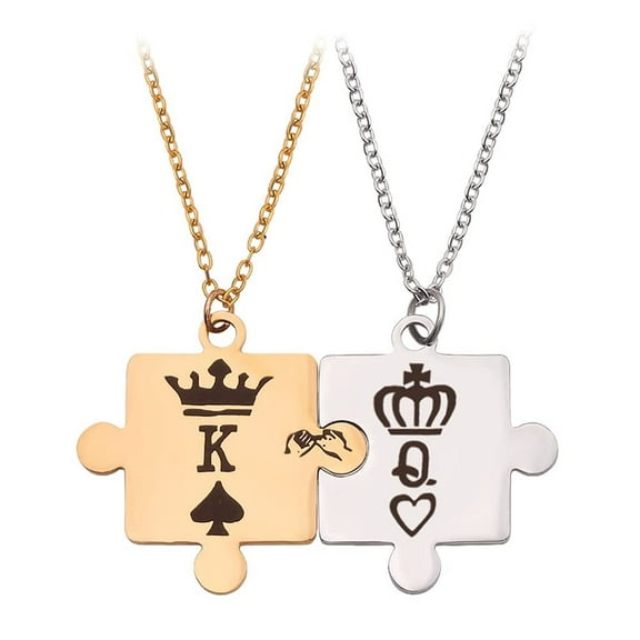 1Pair Matching Necklace for Couples, Stainless Steel Necklace Chains, K & Q Matching Necklaces Puzzle Pendant, Letters King Queen Couple Necklaces with Crown for Best Friend, Gold and Silver