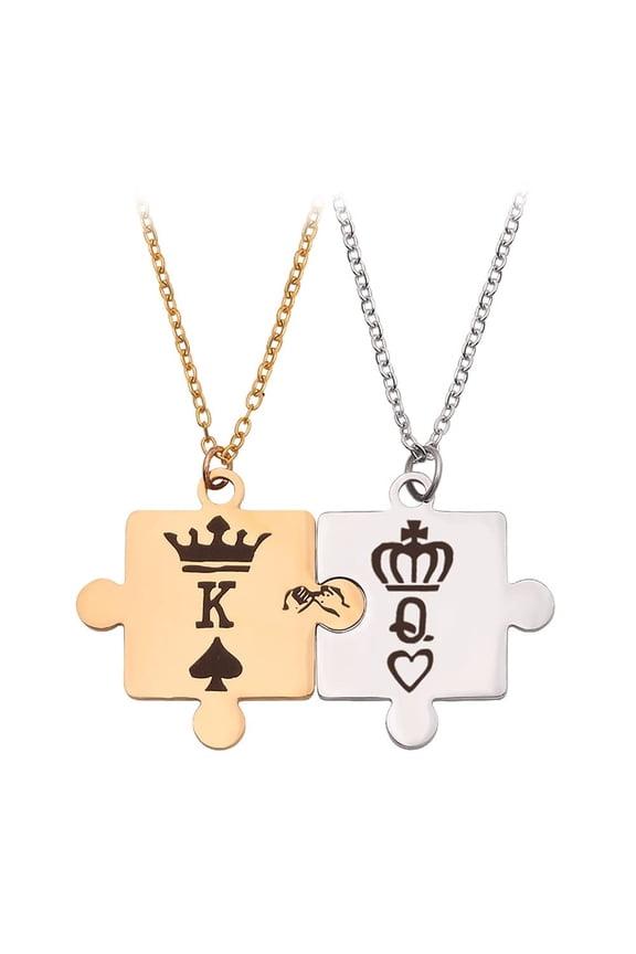 1Pair Matching Necklace for Couples, Stainless Steel Necklace Chains, K & Q Matching Necklaces Puzzle Pendant, Letters King Queen Couple Necklaces with Crown for Best Friend, Gold and Silver