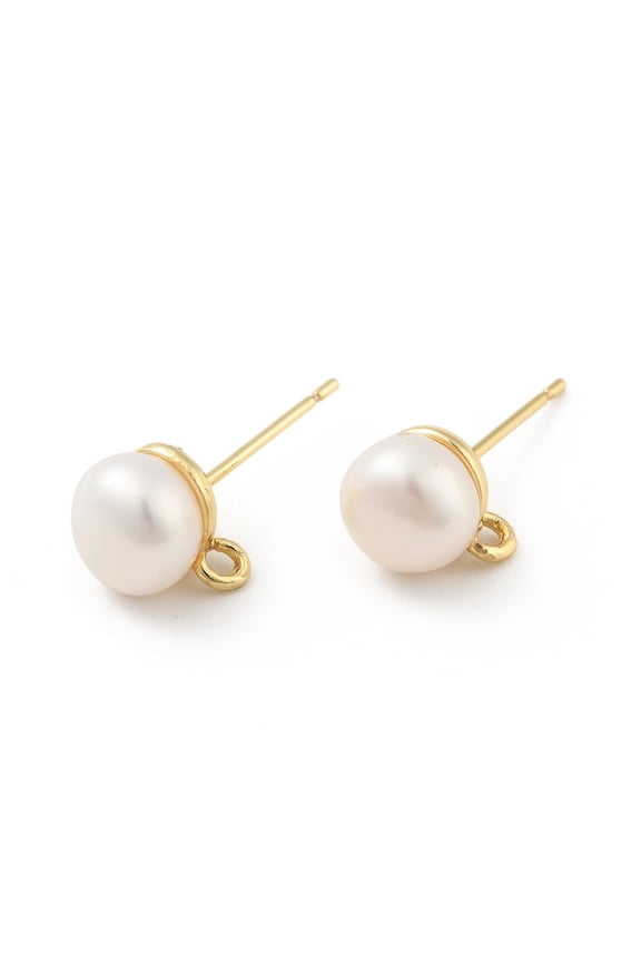 1Pair Natural Pearl Stud Earrings Findings with Brass Findings and Horizontal Loops Round Cadmium Free & Lead Free Real 18K Gold Plated 10x7.5mm Hole: 0.6mm Pin: 0.6mm