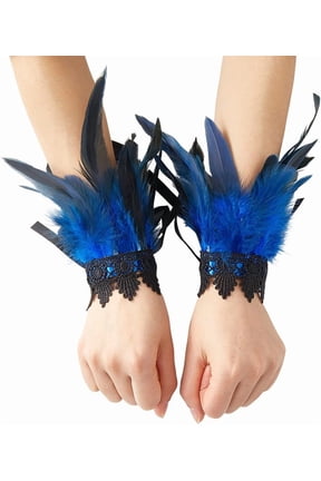 1Pair Polyester Oversleeves Layer Lace Wristband Feather Cuffs for Women Blue 243x170mm