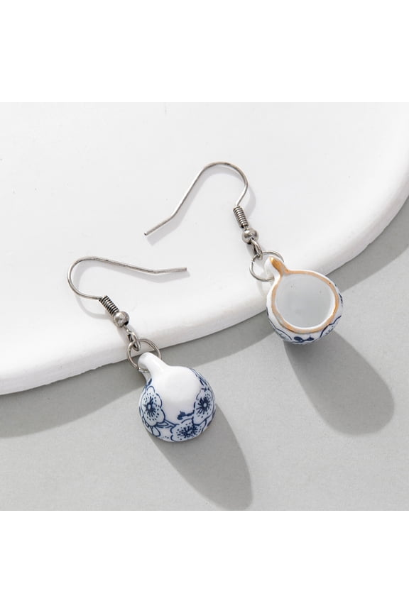1Pair Retro Chinese Style Ceramic Blue Flower Pattern Porcelain Tea Cup Dangle Earrings Delicate Female Gift