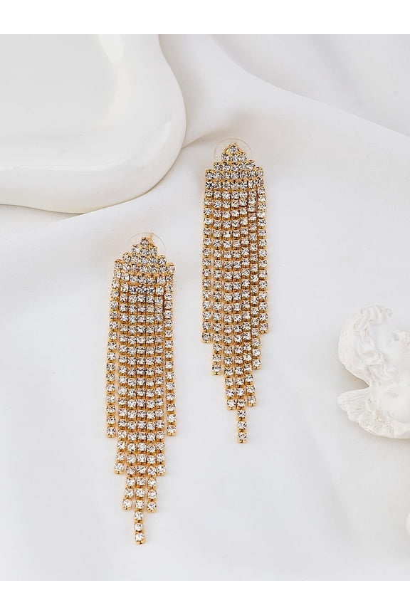 1Pair Rhinestone Stud Earrings Brass Long Tassel Earrings Golden 86x15.5mm