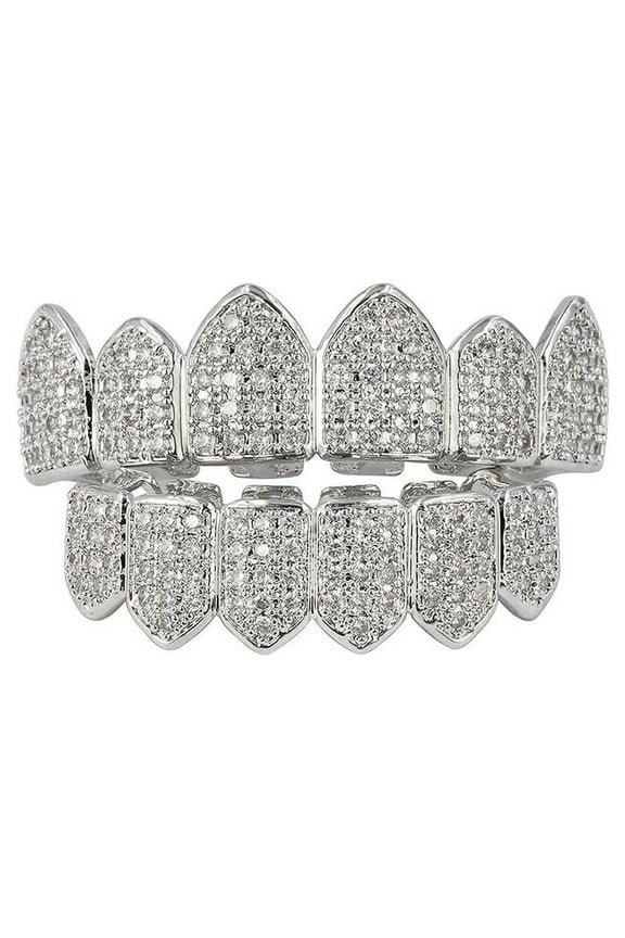 1Pair Silver Plated Bling Bling Cubic Zirconia Top & Bottom Mouth Teeth USA