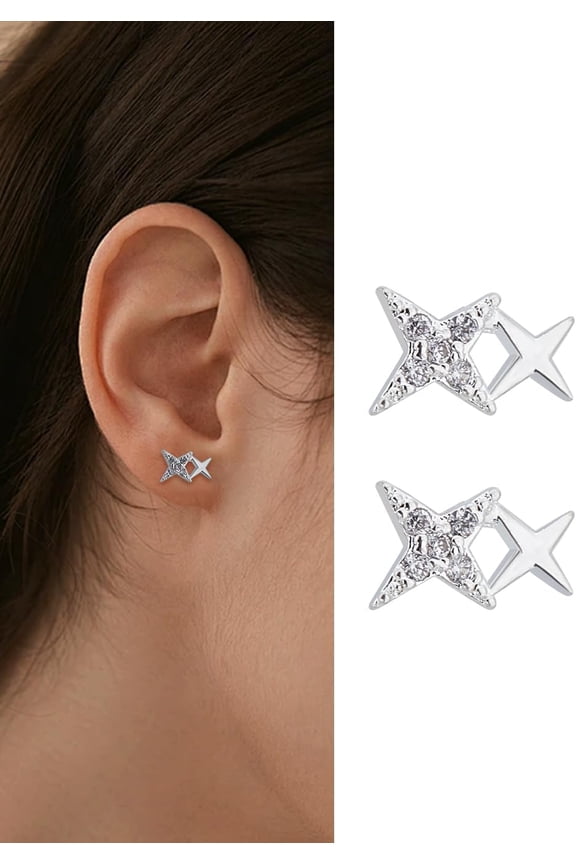 1Pair Star Stud Earrings Brass Rhinestone Stud Earrings with 925 Sterling Silver Pins Creative Personal Trendy Simple Jewelry for Women Christmas Birthday Festival Elegant Jewelry Gifts Silver DIY