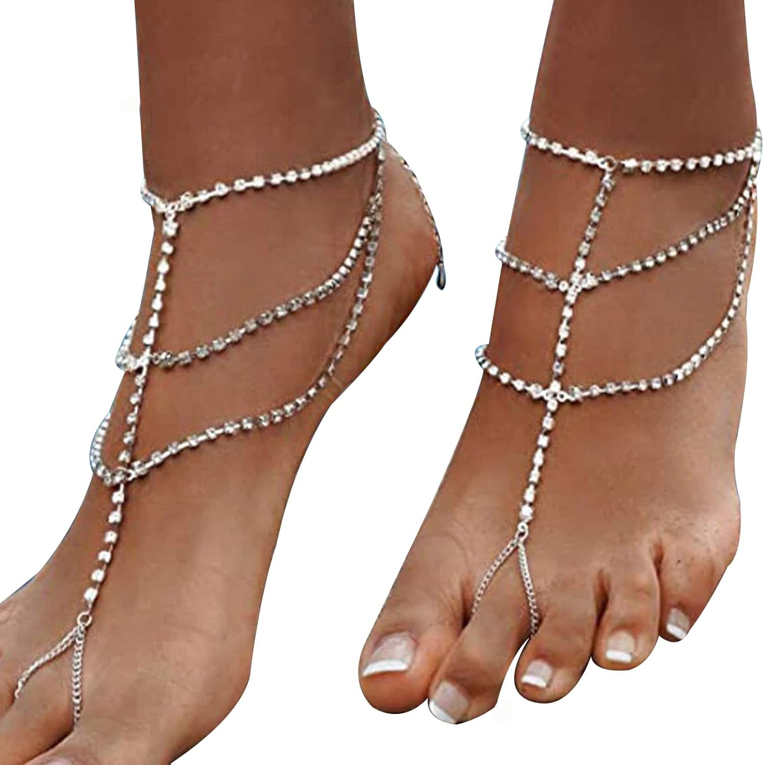 1Pair Summer Beach Rhinestone Barefoot Sandals Foot Chain with Toe Ring Bikini Crystal Anklets Bracelet Wedding Bridal Rhinestone Anklet Foot Chain