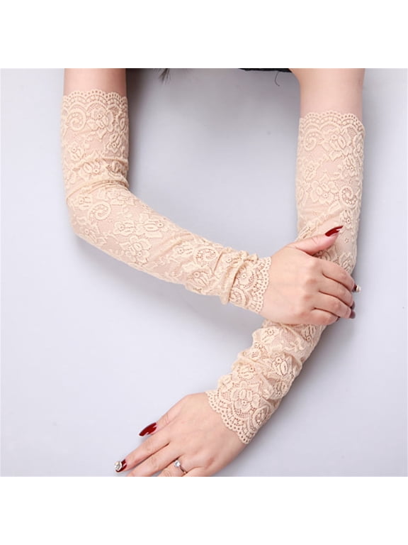 1Pair UV Protection Lace Arm Sleeves, Women's Floral Lace Sleeves Hollow Out Long Sunscreen Gloves Fingerless Driving Gloves