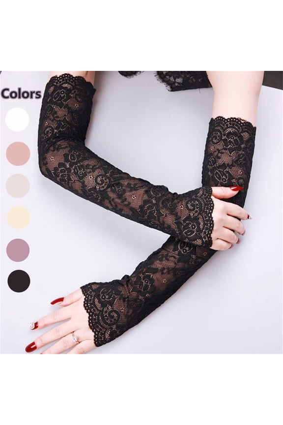 1Pair UV Protection Lace Arm Sleeves, Women's Floral Lace Sleeves Hollow Out Long Sunscreen Gloves Fingerless Driving Gloves