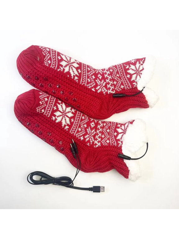 1Pair Winter Warmth Shoes Electric Heated Fleece Socks Slippers Featuring USB Heating Pad Knit Socks Foot Warmer Non-Slip Warmth Home Indoor Slippers Foot Warmth Shoes Unisex【 Red Snowflakes 】