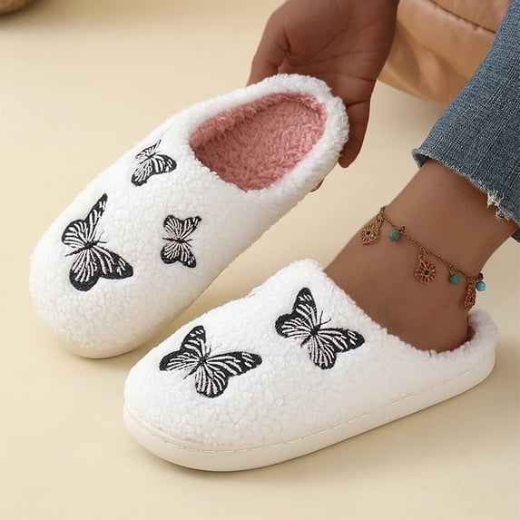 1Pair Women Plush Slippers Butterfly Embroidered Warm Cotton Lined Non-slip Indoor Home Slippers Soft Comfortable for Bedroom Living Room Winter Use Pink ,42