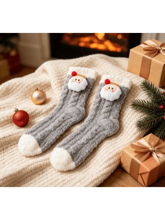 1Pair Women's Christmas Fuzzy Socks - Warm Cozy Lined Crew Socks with Christmas Sheep Design, Soft Winter Sleeping Slipper Socks for Indoor Home,Gray