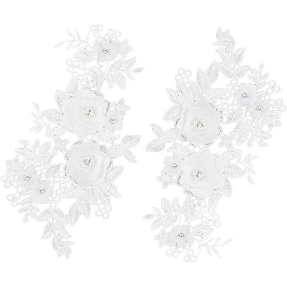 1Pairs 2Pcs 3D Flower Lace Appliques White Pearl Beaded Embroidered Sew on/Iron on Patch Floral Motif Cloth Collar Trim Patches for Wedding Gown Bridal Dress Decor Clothing Pants Sewing DIY Crafts