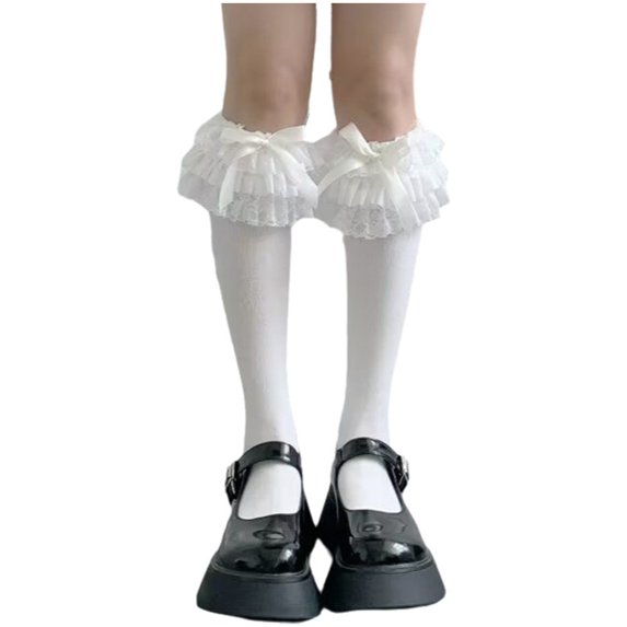 1Pairs Knee High Socks Cute Lace Socks Ruffle High Stockings Lolita Style Accessories for Women Ladies Daily