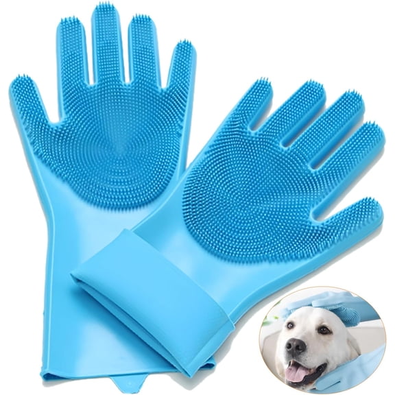 1Pairs Silicone Dishwashing & Pet Grooming Gloves - 2-in-1 Heat Resistant Gloves with High-Density Teeth, Enhanced Five Finger Design for Bathing, Cleaning Dishes, Cars, Dogs & Cats