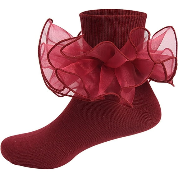 1Pairs Toddler Girls Ruffle Socks Double Lace Frilly Princess Dress Sock Cotton Anti-slip Ankle Socks for Kids Years 1-10T