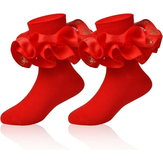 1Pairs Toddler Lace Ruffle Socks with Cute Snowflake Polka Dot Ruffle Socks for Girls Turn Cuff Frilly Dress Socks,cute snowflake large ruffle cuff dress socks girls Christmas gift