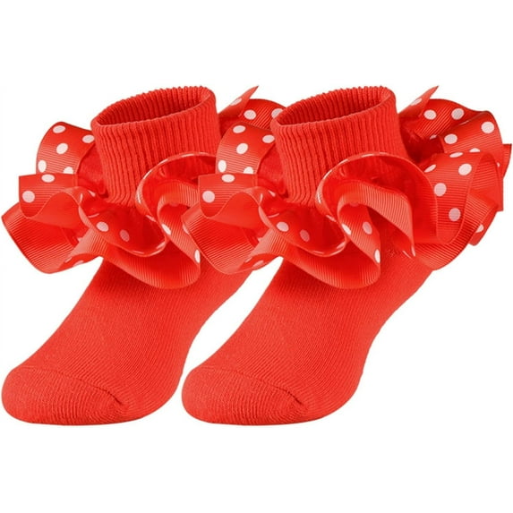 1Pairs Toddler Lace Ruffle Socks with Cute Snowflake Polka Dot Ruffle Socks for Girls Turn Cuff Frilly Dress Socks,cute snowflake large ruffle cuff dress socks girls Christmas gift