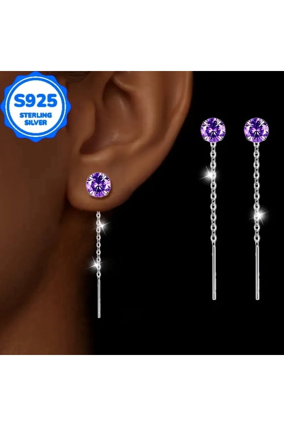 1 Pair Purple CZ Stud & Tassel Drop Earrings, S925 Sterling Silver Hypoallergenic Threader Earrings, 2-in-1 Convertible Earrings for Women
