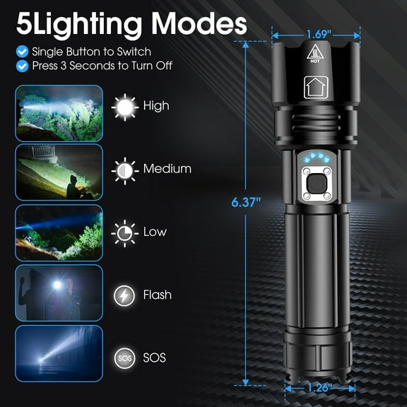 1Pc 100000 High Lumens Powerful LED Flashlight, 5 Modes Waterproof Super Bright XHP70.2 Bulb, Rechargeable Zoomable Torch for Emergency Hiking Hunting Camping, Black