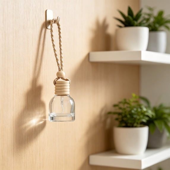 1Pc 10ml Hanging Car Air Freshener Diffuser Bottle Empty Clear Glass Essential Perfume Oil Aromatherapy Fragrance Perfume Pendant Glass Bottle Decor with Wooden Caps(M)