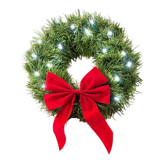 1Pc 12 Inch Pre-Lit Christmas Wreath Norfolk Pine Wreath with Velvet Bow Realistic Greenery Holiday Decoration for Indoor Outdoor Christmas Decor,Lighted Cedar Door Christmas Wreaths for Front Door