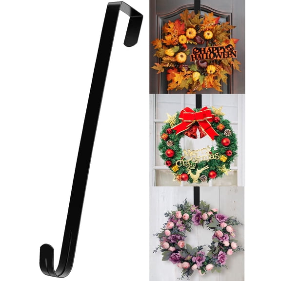 1Pc 15inch Over The Door Wreath Hanger, for Front Door Halloween Christmas Fall Easter Decoration, Metal Over The Door Single Hook Ornament Wreath Door Hanger, Black