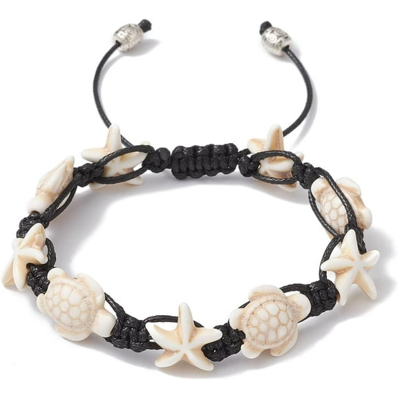 1Pc 2.1Inch Turquoise Starfish Turtle Bracelets Surfer Weaving Bracelet Adjustable Beaded Handmade String Rope Bracelet Beach Jewelry Polyester Cord Anklet