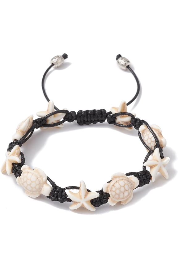 1Pc 2.1Inch Turquoise Starfish Turtle Bracelets Surfer Weaving Bracelet Adjustable Beaded Handmade String Rope Bracelet Beach Jewelry Polyester Cord Anklet