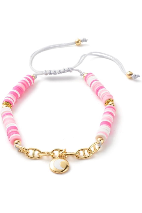 1Pc 2.3Inch Handmade Disc Polymer Clay Brass Beaded Bracelets Stone Beaded String Elastic Bracelet Jewelry Adjustable Handmade Chain Rope Link Paperclip