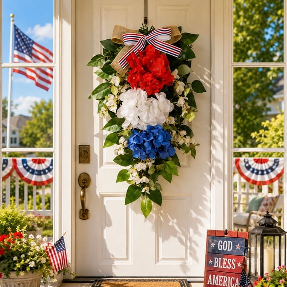 1Pc 20" Patriotic Teardrop Swag for Front Door Outside, 4th of July Red White and Blue Hydrangea Wreath, Independence Day Memorial Day Hanging Decor