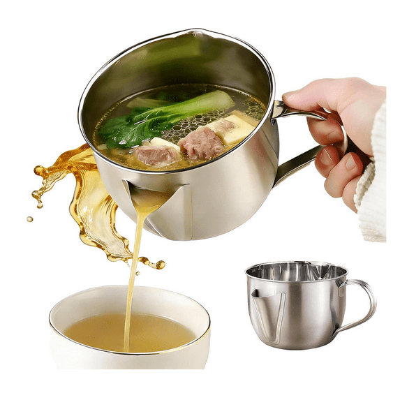 1Pc 2026 New Fat Separator with Dual Spout Design - 304 Stainless Steel, Gravy Separator & Fat Separators Jug, with Ergonomic Heat-Resistant Handle, Reusable, for Broth, Soup, Stew, Hot Pot