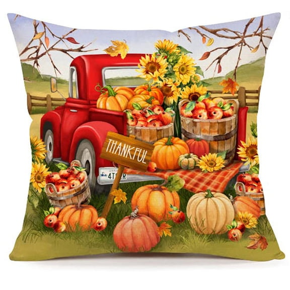 1Pc/2Pcs/4Pcs Fall Pillow Covers Pumpkin Autumn Harvest Throw Cushion Case Sunflower Truck Happy Fall Gnome Thanksgiving Pillows Cases Pumpkin Farm Decor for Couch Sofa Outdoor Home Decor, 18x18Inch