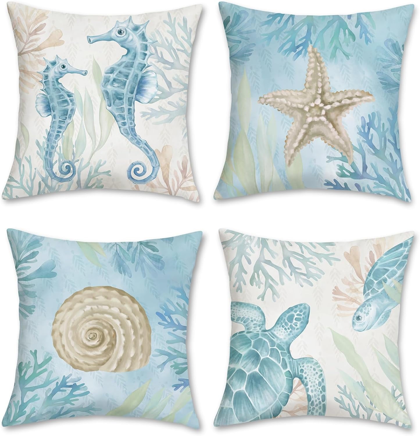 Mediterranean Nautical Outdoor Throw Pillow Covers 16x16 Inch Set Of 4 - Sea Turtle, Octopus, Whale, Seahorse - View #10