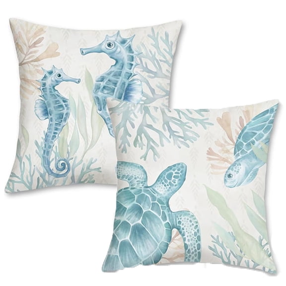 1Pc/2Pcs/4Pcs Ocean Beach Throw Pillow Covers Seahorse Turtle Starfish Coastal Outdoor Decorative Pillows Soft Velvet Cushion Cases for Couch Sofa Bed Home Decor,16X16inch/18x18inch/20x20inch