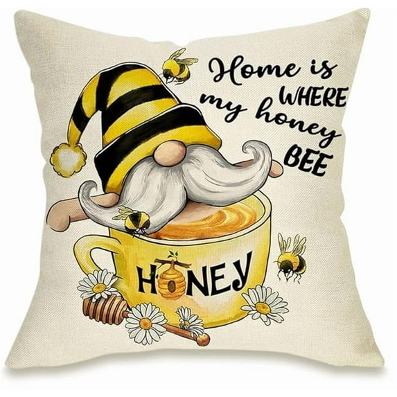 1Pc/2Pcs/4Pcs Spring Summer Yellow Bumble Bee Happy Gnome Decorative Throw Pillow Cover, Black Buffalo Plaid Honey Themed Home Decoration, Farmhouse Cushion Case Outdoor Decors,16/18/20inch
