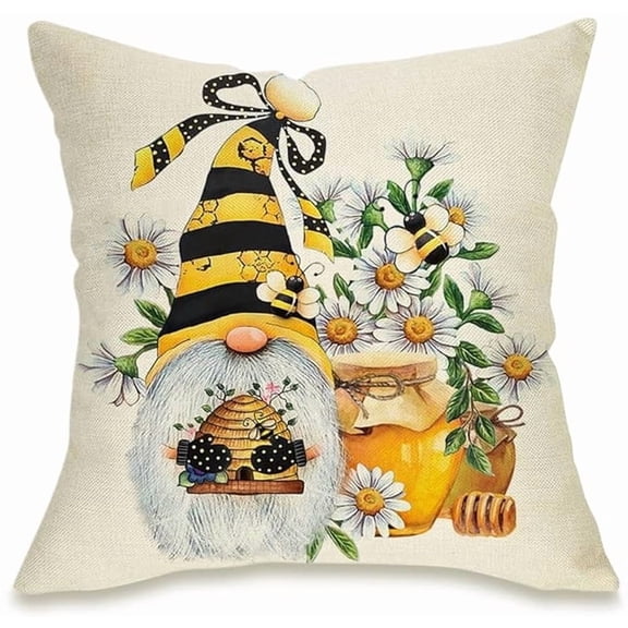 1Pc/2Pcs/4Pcs Spring Summer Yellow Bumble Bee Happy Gnome Decorative Throw Pillow Cover, Black Buffalo Plaid Honey Themed Home Decoration, Farmhouse Cushion Case Outdoor Decors,16/18/20inch