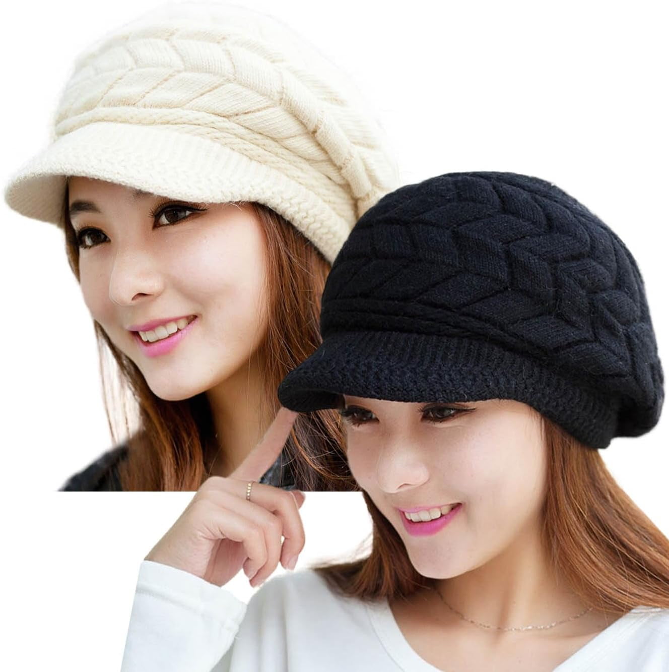 2 Pack Women\'s Winter Warm Knit Hat Wool Snow Ski Caps with Visor Women Winter Knit Hats with Visor Brim Double Layer Fleece  main image 4