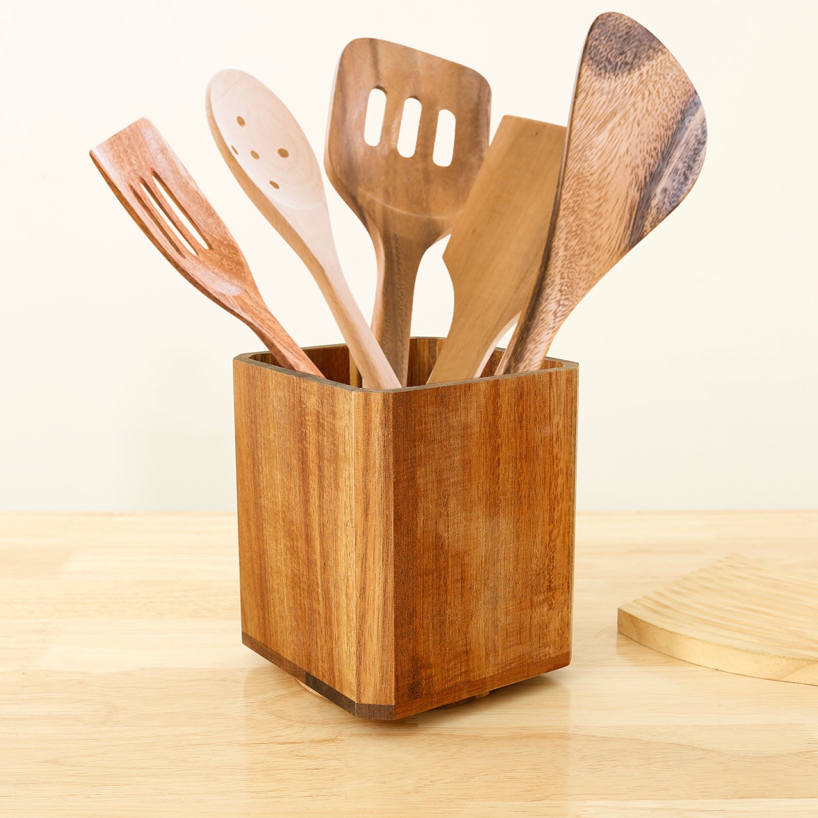 1Pc/2Pcs Wood Utensil Holder 360° Rotating Acacia Utensil Crock Multipurpose Cooking Spoon Spatula Organizer Kitchen Tool Storage for Countertop