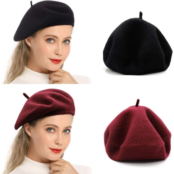 1Pc/2Pcs Wool Beret Hat, Solid Color French Style Winter Warm Cap for Women Girls Lady
