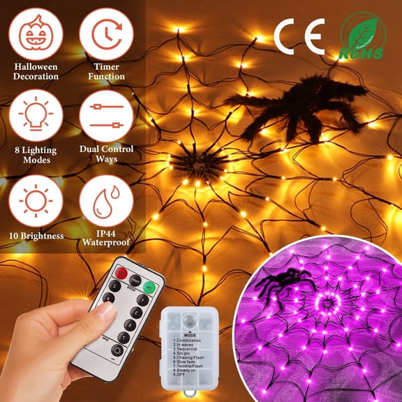 1Pc 3.28FT Spider Web Light with Hairy Spider 70LED Battery Powered Remote Control 8 Lighting Modes Glowing Outdoor Indoor Wall Halloween Decoration