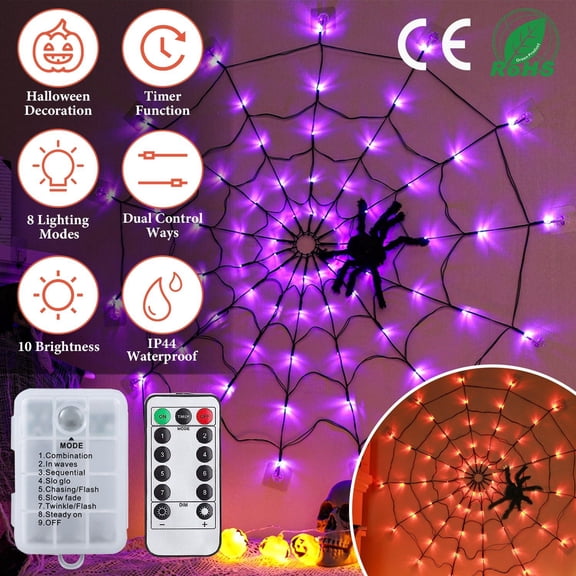 1Pc 3.28FT Spider Web Light with Hairy Spider 70LED Battery Powered Remote Control 8 Lighting Modes Glowing Outdoor Indoor Wall Halloween Decoration